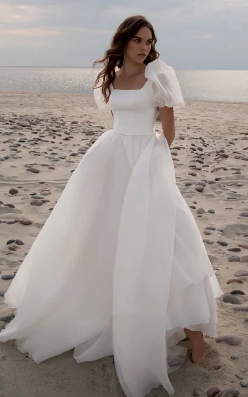 Dream Square Neck Simple Wedding Dress For Women Short Puff Sleeves A Line Sweep Train Gaun Pengantin Elegant