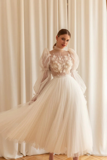 Elegant High Neck Midi Wedding Dresses Long Marie Sleeves Appliqued Bows Tea-Length Bridal Gowns A-Line Bride Dresses