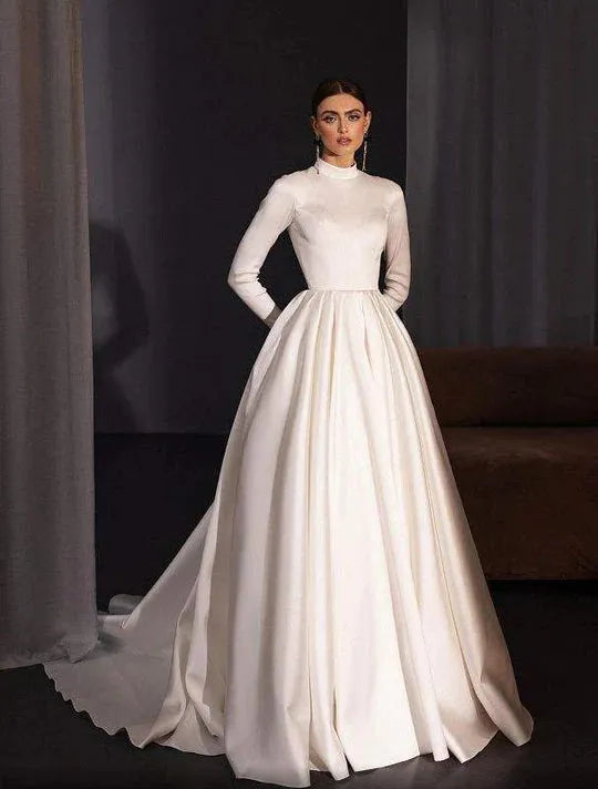 Satin Boho Wedding Dresses High Neck Bridal Dresses Long Sleeve Muslim Saudi Arabia Wedding Party Dresses Ivory 26w Satin