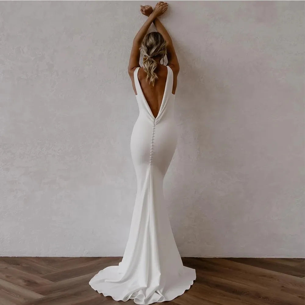 DREAM-vestido de novia de sirena con cola desmontable, crepé, escote en V profundo, liso, sin mangas, espalda abierta, vestidos de novia simples elegantes