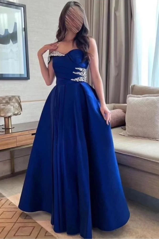 Sexy One Sleeve A-line فساتين مناسبة رسمية Sapphire Blue Thick Satin Prom Dress Sequins On Chest Vestidos De Noche