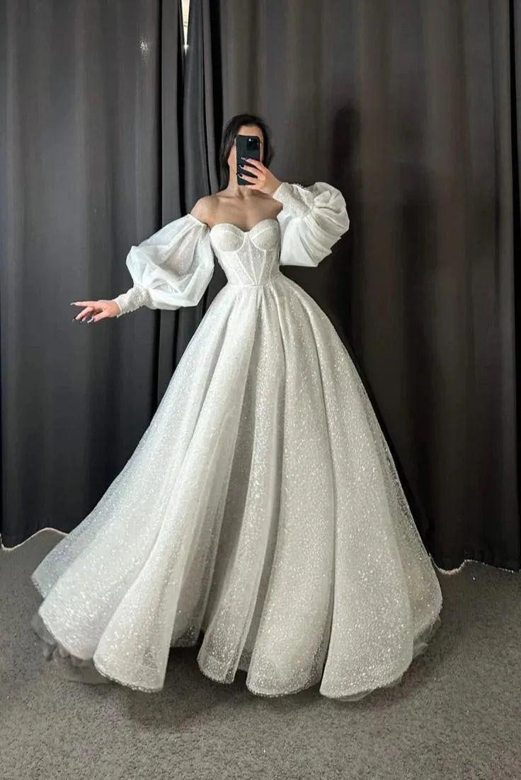 Glitter Tulle Ball Gown Robe De Noiva Wedding Dress Sweetheart Puff Sleeves Pleat Wedding Gowns Plus Size Amanda Novias White Plus Size