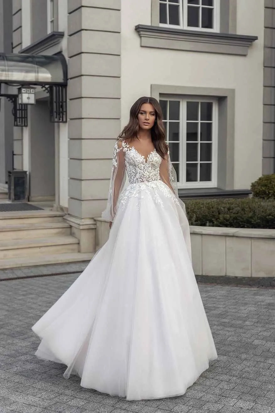 Puffy Sleeve Lace Wedding Dresses Plus Size Boho Bridal Gowns Princess Tulle Wedding Gown Beach Party Dress Illusion WHITE Custom size