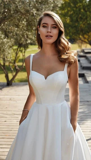 Vestidos de novia civiles con cuello en V, vestidos de novia de satén con cuello cuadrado, corte en A, botones sin espalda, tirantes finos para fiesta de novia 