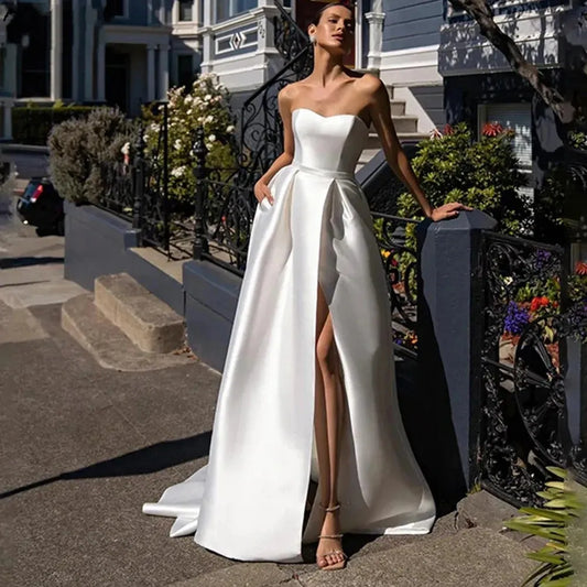 Sodigne Simple Sweetheart A-Line Wedding Dresses Elegant Lengan Tanpa Gaun Pengantin Gaun Satin Split Robe De Mariée