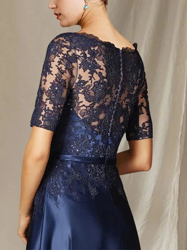 Embroidered A-line Mother of the Bride Dresses Advanced Satin Party Dresses Formal Grace Woman Formal Dinner Dresses Blue