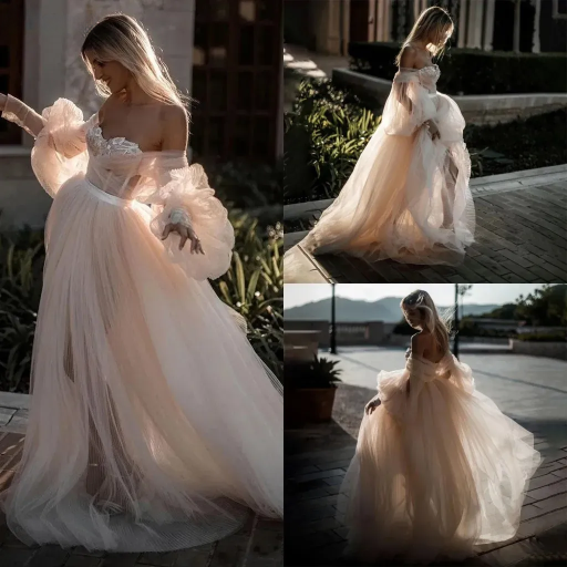 Gaun Pengantin Putri Sayang Panjang Lengan Puff Lipit Gaun Pengantin Tulle Beach A-Line Fluffy Bride