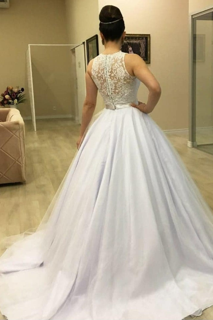 Vestido de novia Aline con cuello de ilusión de talla grande, vestidos de novia florales de encaje con cuentas para niñas gordas