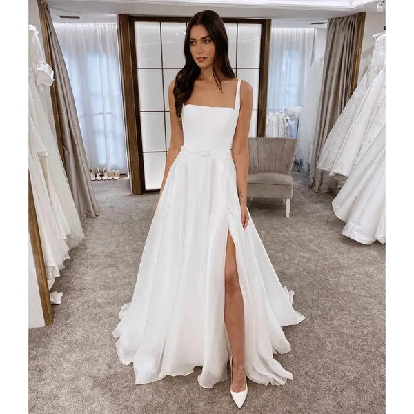 A-line Satin Wedding Dresses Square Neck Sleeveless Bridal Gowns Hig Slit Sexy Beach Brides Dress 14w