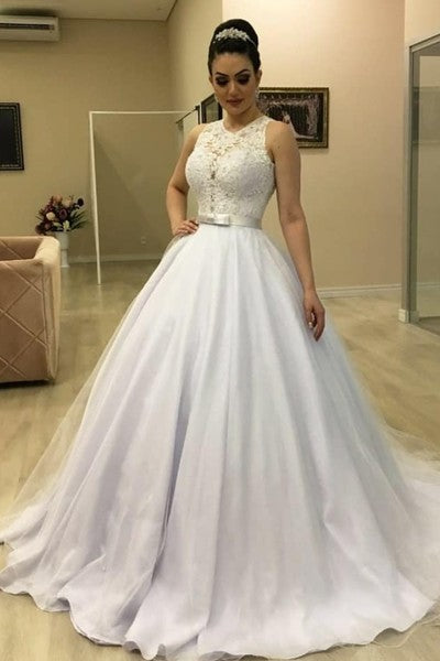 Vestido de novia Aline con cuello de ilusión de talla grande, vestidos de novia florales de encaje con cuentas para niñas gordas