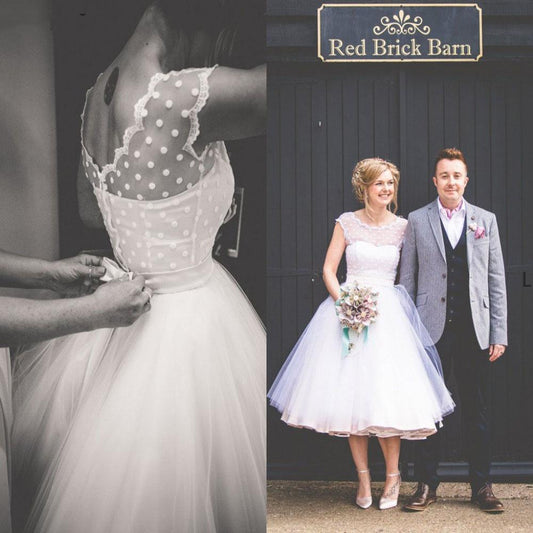 Robe de mariée trapèze d'été simple, sans manches, en Tulle, à pois, mi-mollet