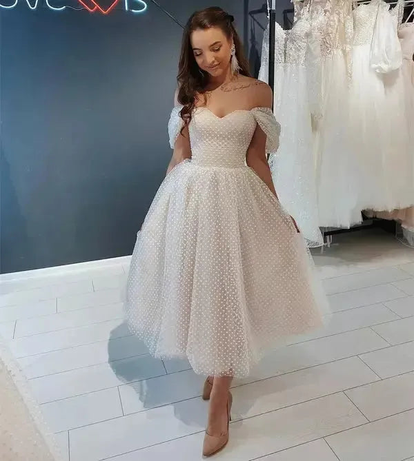 Short Knee Length Off The Shoulder Wedding Dress For Women Point Net Bridal Gowns Robe De Mariee Customize To Meausures Stunning 14w