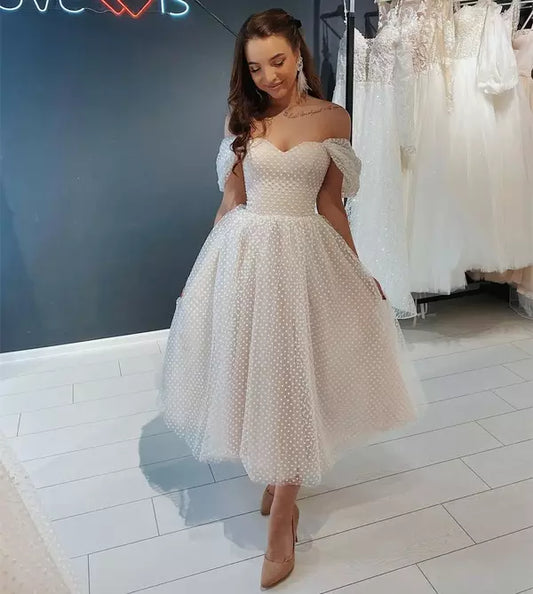 Short Knee Length Off The Shoulder Wedding Dress For Women Point Net Bridal Gowns Robe De Mariee Customize To Meausures Stunning