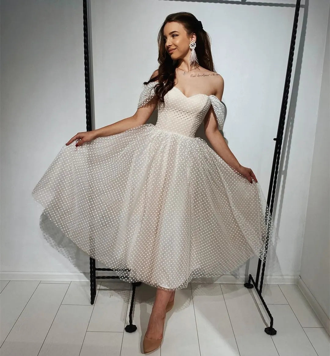 Short Knee Length Off The Shoulder Wedding Dress For Women Point Net Bridal Gowns Robe De Mariee Customize To Meausures Stunning