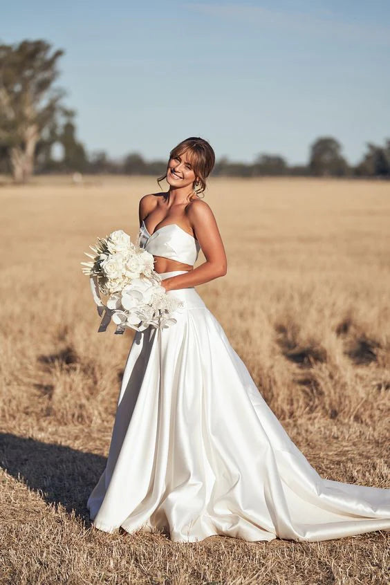 Robe De mariée sirène élégante 2 pièces, dos ouvert, sans manches, en Satin, Sexy, avec traîne De balayage 