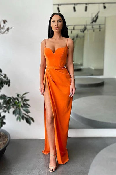 Plunging Long Prom Dresses Stretchy Satin High Slit Formal Party Women Evening Gowns Elegant Simple Custom made