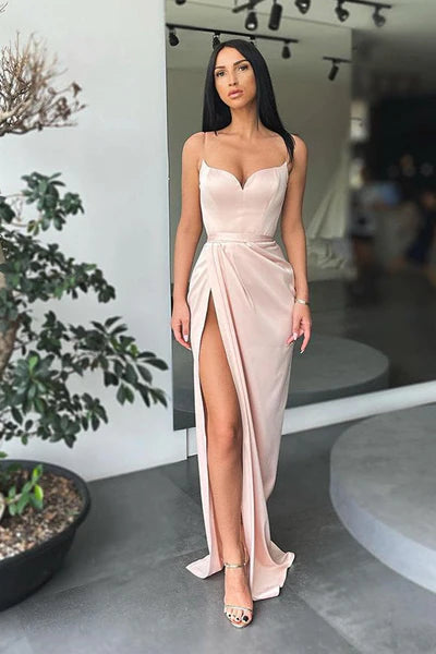 Plunging Long Prom Dresses Stretchy Satin High Slit Formal Party Women Evening Gowns Elegant Simple Custom made