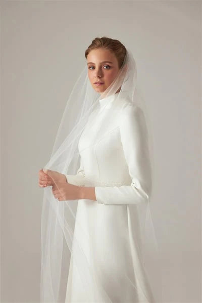 Muslimische Mode hohe Kragen Elfenbein A-Linie Brautkleider drapierte Falten Blumen Gürtel Satin Braut Kleid bodenlange Robe de Mariée