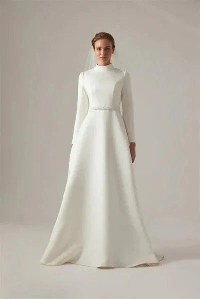Muslim Wedding Dress | Muslim Fashion High Collar Ivory A-line Wedding Dresses Draped Pleat Flowers Belt Satin Bride Gown Floor Length robe de mariée 26w Satin