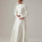 Muslim Fashion High Collar Ivory A-line Wedding Dresses Draped Pleat Flowers Belt Satin Bride Gown Floor Length robe de mariée