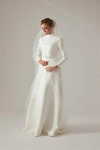 Muslim Fashion High Collar Ivorio Abiti da sposa A-Line Abiti a piega drappeggiata cintura in raso da sposa da sposa abito da pavimento abito de mariée