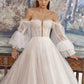 Sparkling Tulle Princess Wedding Dresses Puff Sleeves Off Shoulder Boned Bride Dresses Long Train Backless Wedding Gowns