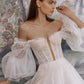 Sparkling Tulle Princess Wedding Dresses Puff Sleeves Off Shoulder Boned Bride Dresses Long Train Backless Wedding Gowns