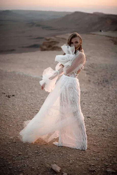 A Line Tulle Beach Wedding Dresses Long Sleeves Lace Illusion Bridal Gowns Sweetheart Princess Bride Dresses for Women Same as picture