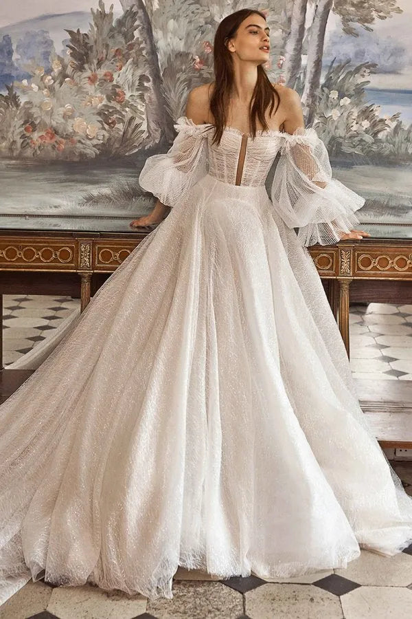 Sparkling Tulle Princess Wedding Dresses Puff Sleeves Off Shoulder Boned Bride Dresses Long Train Backless Wedding Gowns Ivory