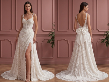 Bohemian Lace Wedding Dress with High Slit – Backless Boho Bridal Gown