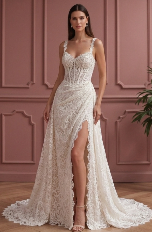 Bohemian Lace Wedding Dress with High Slit – Backless Boho Bridal Gown
