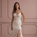 Lace Mermaid Wedding Dress with a Corset Bodice and High Slit