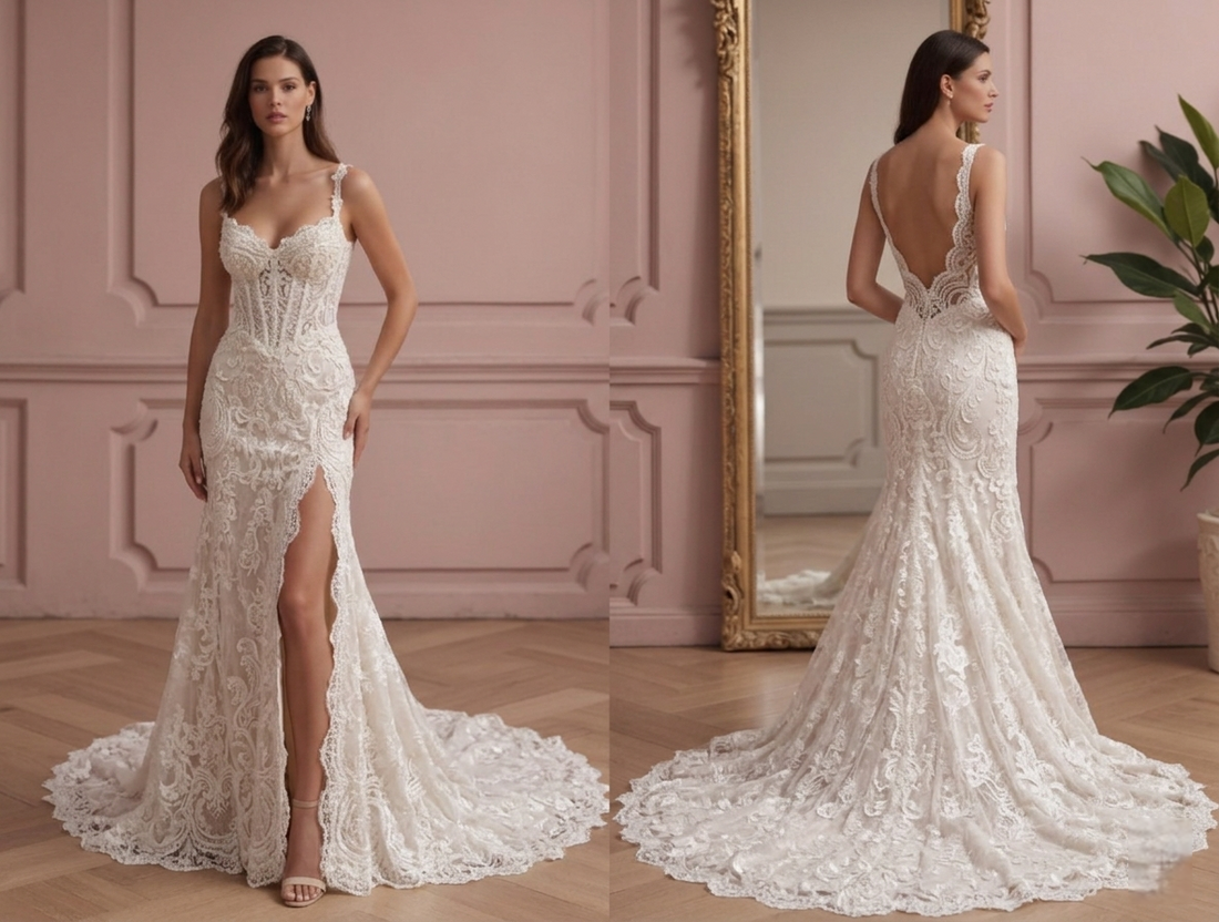 Lace Mermaid Wedding Dress with a Corset Bodice and High Slit