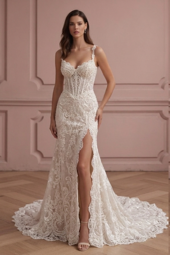 Lace Mermaid Wedding Dress with a Corset Bodice and High Slit