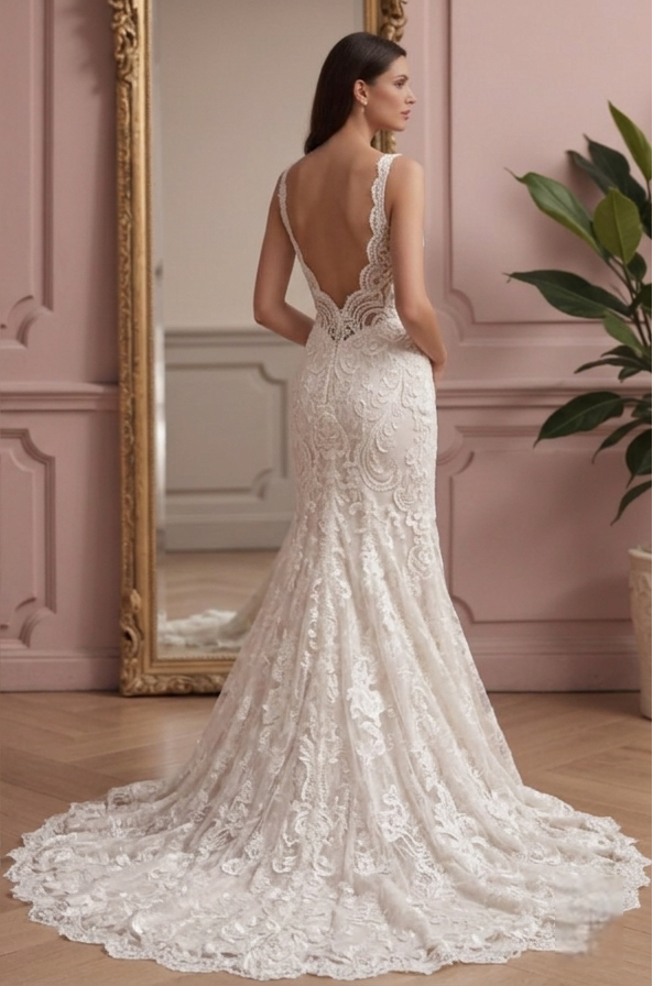 Lace Mermaid Wedding Dress with a Corset Bodice and High Slit