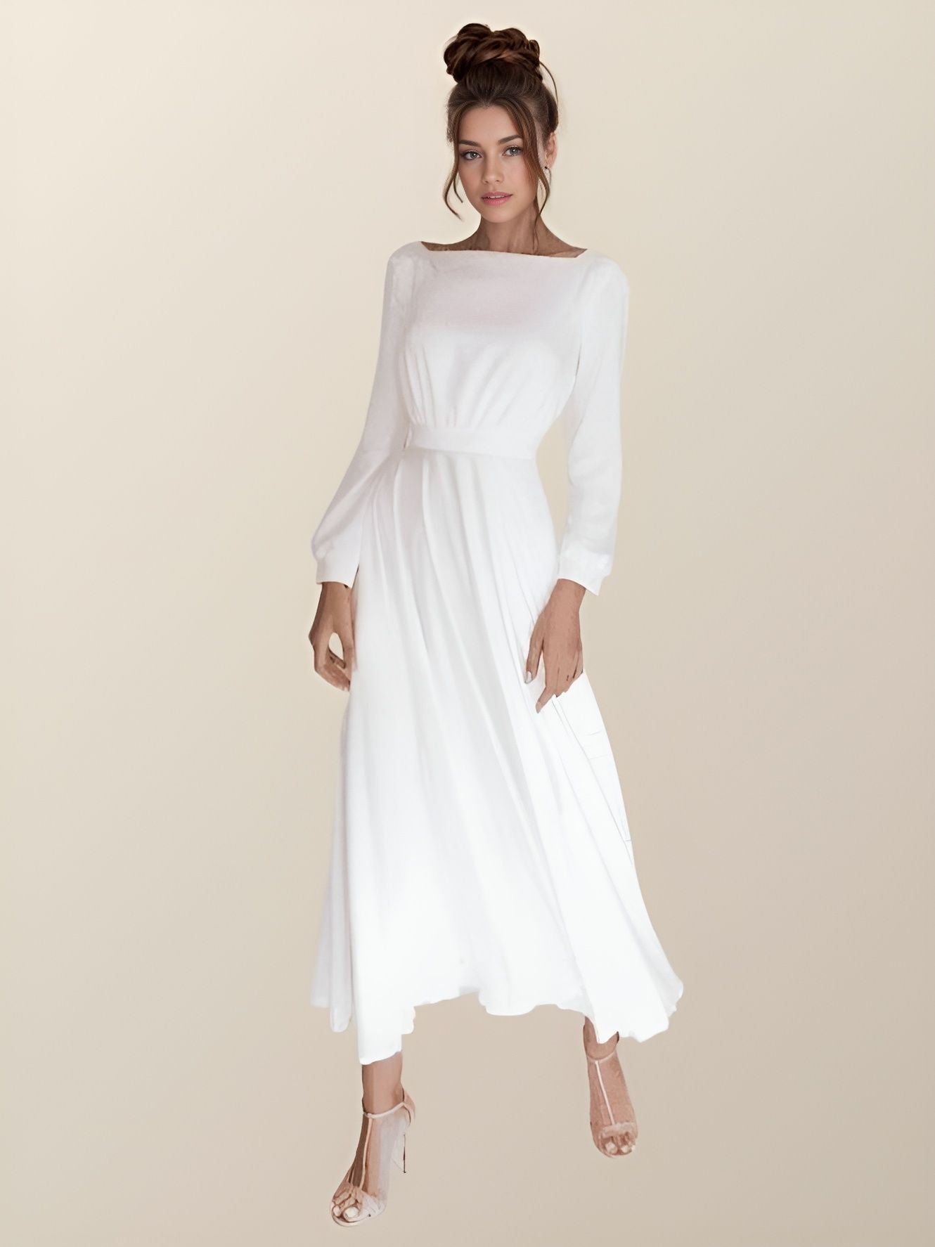 Simple Square Short Wedding Dresses Long Sleeves Ankle-Length A-Line Bride Dresses Pleated Wedding Gowns with Pockets