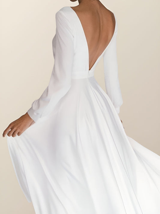 Simple Square Short Wedding Dresses Long Sleeves Ankle-Length A-Line Bride Dresses Pleated Wedding Gowns with Pockets