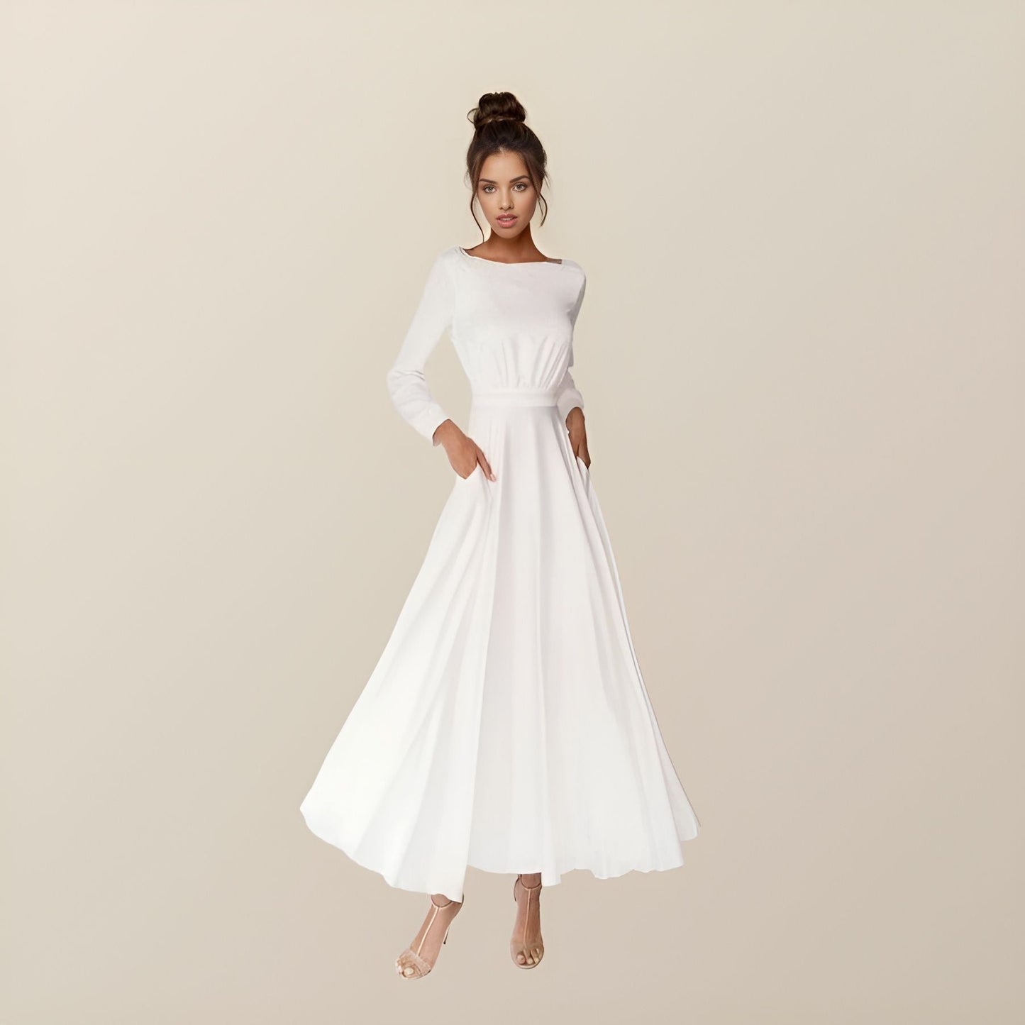 Simple Square Short Wedding Dresses Long Sleeves Ankle-Length A-Line Bride Dresses Pleated Wedding Gowns with Pockets