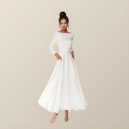 Simple Square Short Wedding Dresses Long Sleeves Ankle-Length A-Line Bride Dresses Pleated Wedding Gowns with Pockets