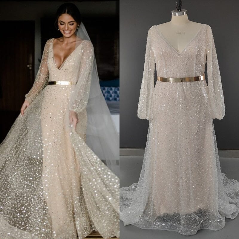 Robes de mariée deux pièces à paillettes Champagne, avec manteau amovible, ceinture dorée, manches longues bouffantes, col en V 