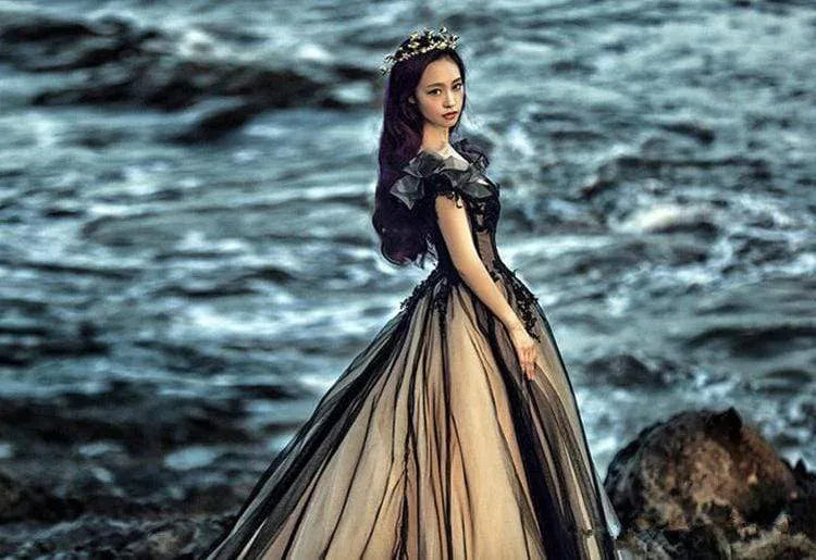 Cathy Gothic Black Ball Gown Wedding Dress Tulle Sweep Train Bride Gown Vestidos De Novia Black And Champagne Robe De Mariée as pic