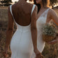 Elegante Satin -Meerjungfrau weißes Hochzeitskleid für Frauenquadratkragen Spaghetti -Träger Braut Kleid Illusion Rückenfrei mit Knopfrobe