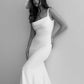 Gaun Pengantin Putih Satin Putri Duyung yang Elegan Untuk Wanita Kerah Square Spaghetti Tali Pengantin Ilusi Gown Backless Dengan Jubah Tombol