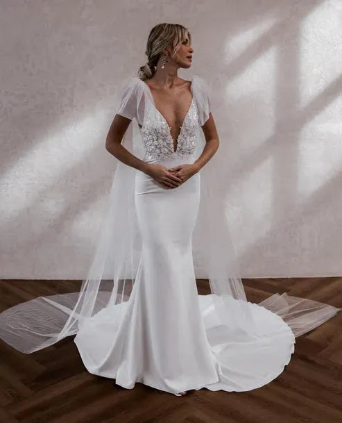Mermaid Wedding Dresses V-Neck Straps Satin Elegant Bridal Gowns Open Back Brides Dress for Women Vestidos De Novia Ivory