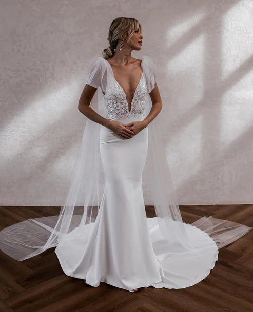 Booma – robe De mariée sirène en Satin, col en v, bretelles élégantes, dos nu, robe De mariée pour femmes