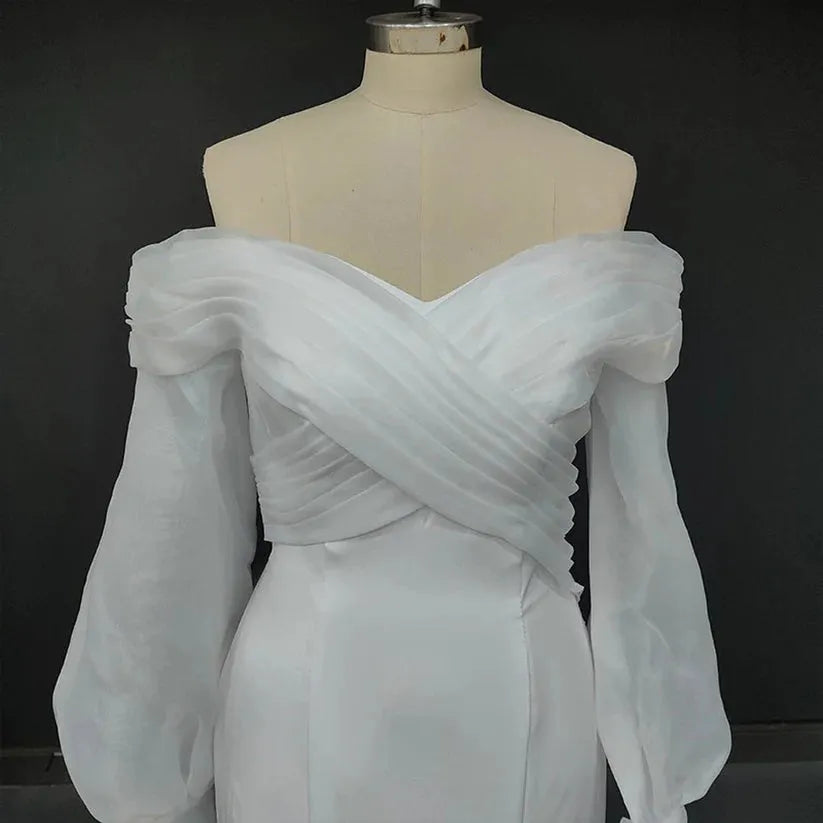 Matt Soft Satin Mermaid Wedding Dresses Off The Shoulder Puff Sleeve Bride Dress Elegant Classic Real Wedding Gowns Ivory 26w