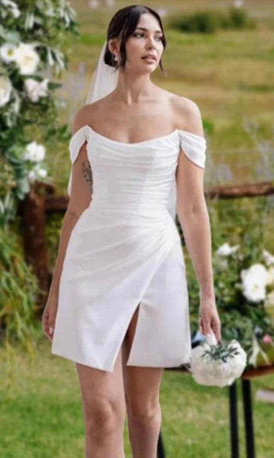 Off Shoulder High Side Slit Short Wedding Dress Flowers Sheath Zipper Back Above Knee Mini Bridal Gown