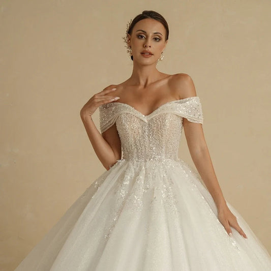 Bepeithy Elfenbein Perlenprinzessin Brautkleider für Braut von den Schulterhülsen und Frauen Glitter Ball Brautkleid Roben