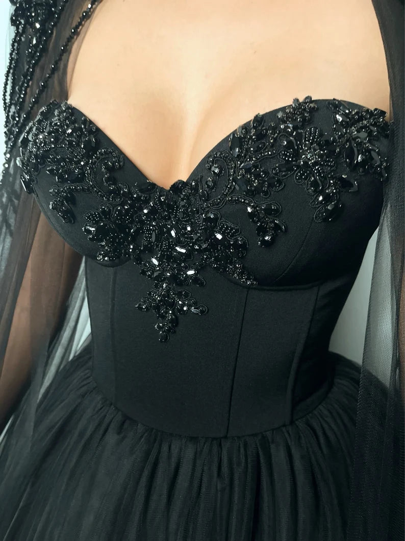 Black Beaded Glitter A-line Wedding Dress Elegant Detachable Shawl Custom Dresses Sexy Heart Shaped Neck vestido feminino