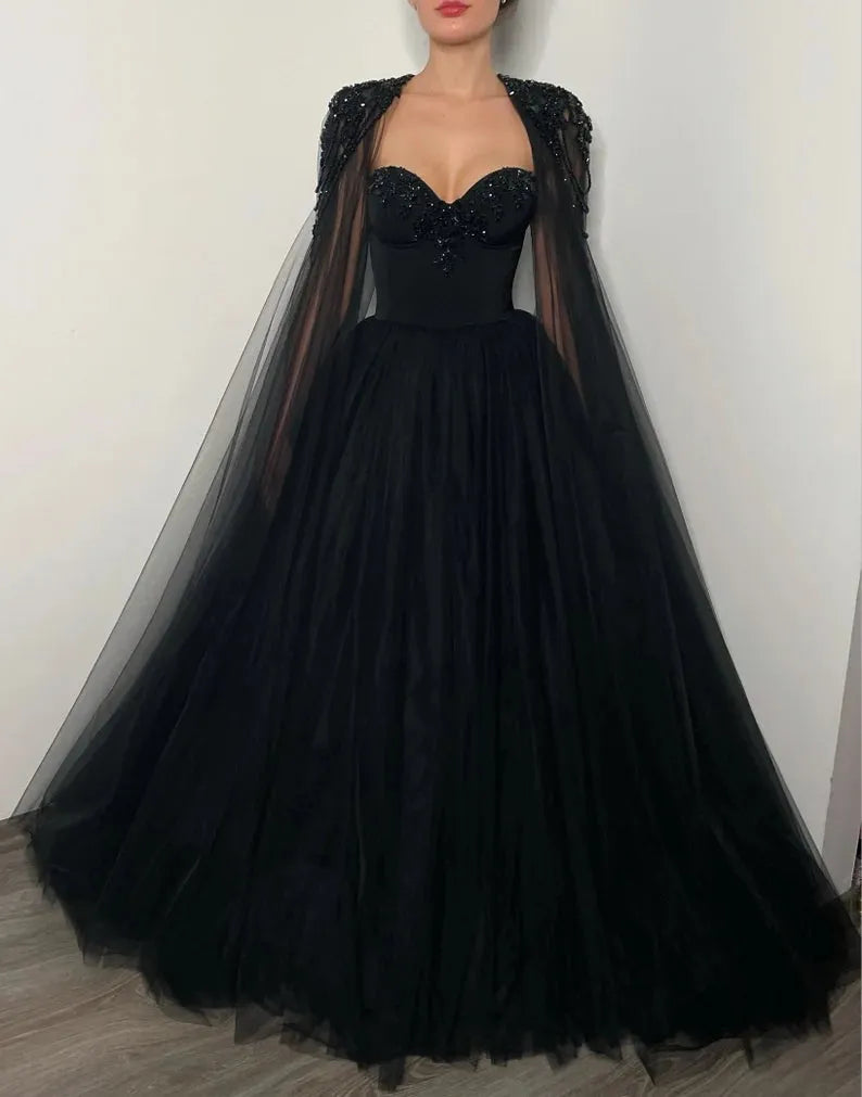 Black Beaded Glitter A-line Wedding Dress Elegant Detachable Shawl Custom Dresses Sexy Heart Shaped Neck vestido feminino as pic